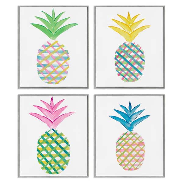 Stupell Industries Plaid Patterned Pineapples by Julie DeRice 4 Pieces Gray Framed Food Giclee Art Print 14 in. x 11 in.