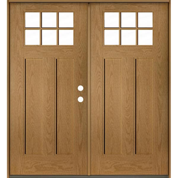 Craftsman 72 in. x 79 in. 6-Lite Left-Active/Inswing Clear Glass Bourbon Stain Double Fiberglass Prehung Front Door
