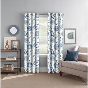 Indigo/Aqua Floral Polyester 52 in. W x 84 in. L Back Tab Room Darkening Curtain Panel