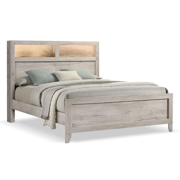 Jasper White Wood Frame Queen Panel Bed with Headboard Shelves and LED Lights