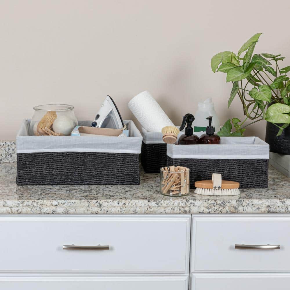 Black Wicker Rectangular Storage Basket Set with Liners