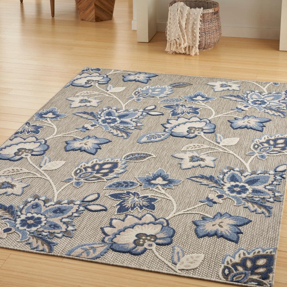 Blue Floral Synthetic 9' x 12' Washable Area Rug