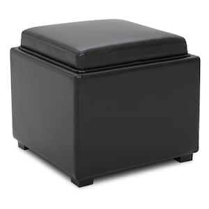 Riley 18 in. Wide Leather Contemporary Square Storage Ottoman with Tray Serve as Side Table in Black