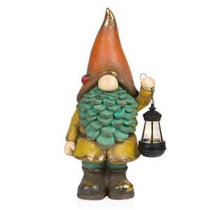 Solar Vintage Gnome Holding Lamp with Orange Hat Statuary