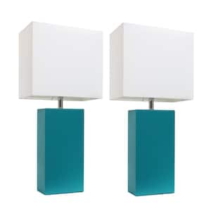 21 in. Modern Teal Leather Table Lamps with White Fabric Shades