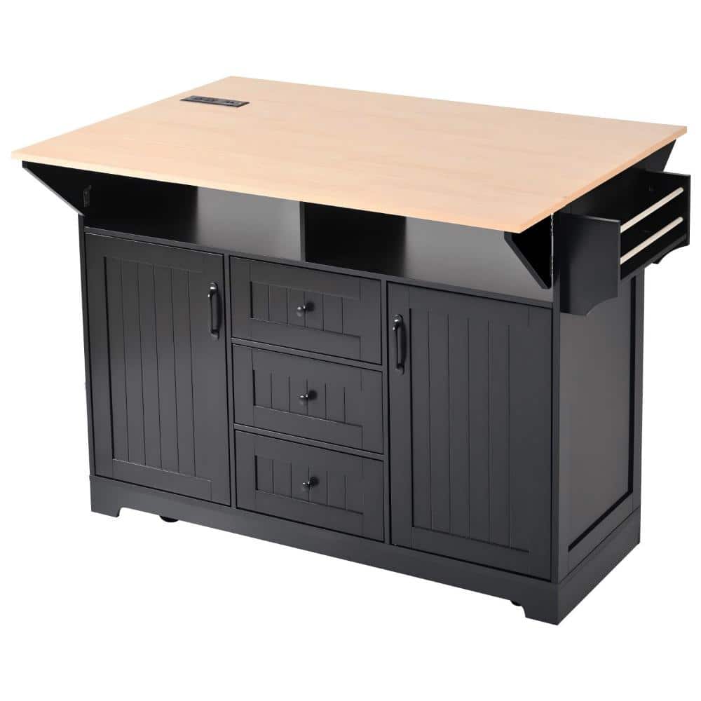 Black 55.7 in. Kitchen Island with Drop Leaf, Power Outlet, 3 Drawers & Storage Cabinet, Rolling Cart