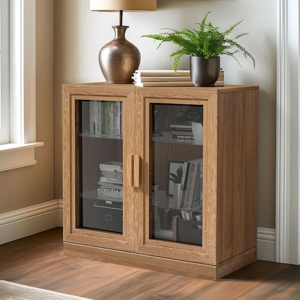 Wood 31 in. Accent Cabinet Office Storage Cabinet with 3 Shelves with Glass Door