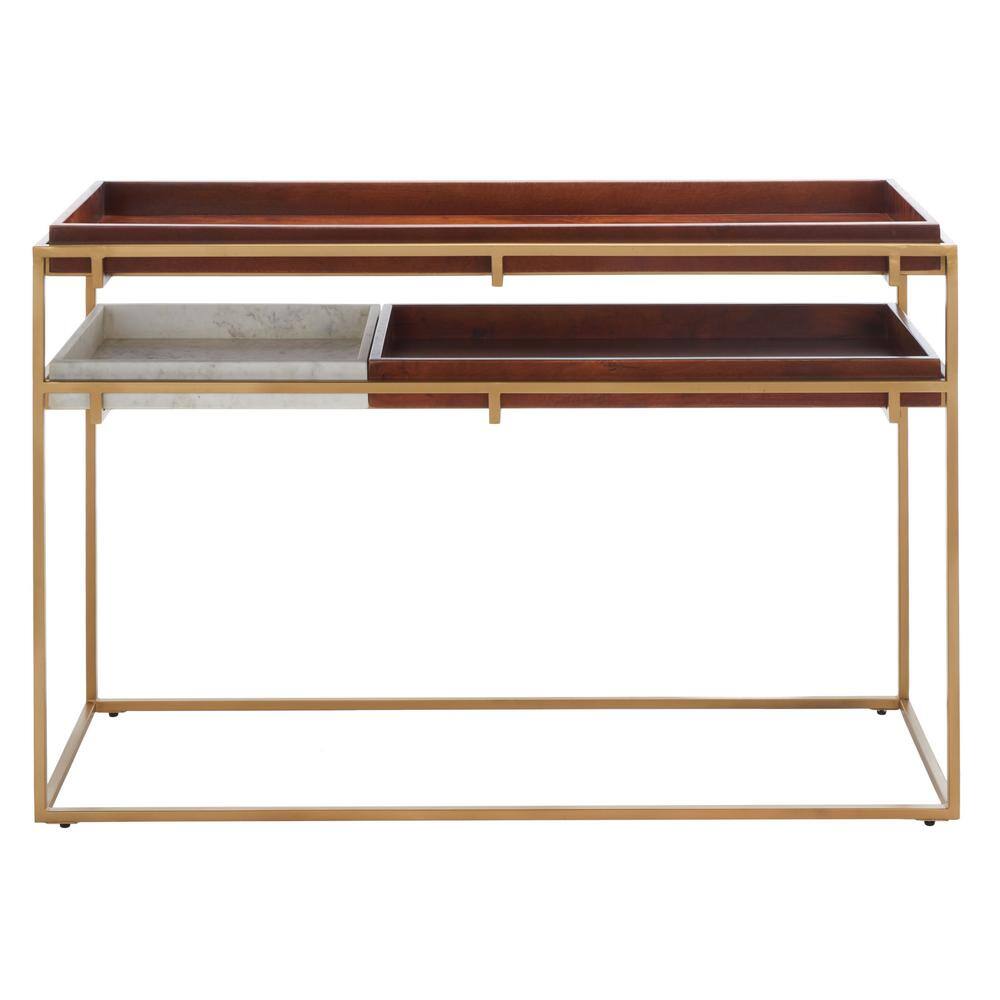 SAFAVIEH Akari 16 in. Brown/White Marble/Gold Rectangle Metal Console ...