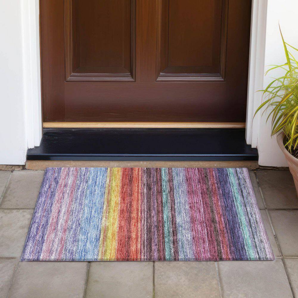 Lavender Multicolor Striped Synthetic Indoor Outdoor Rug