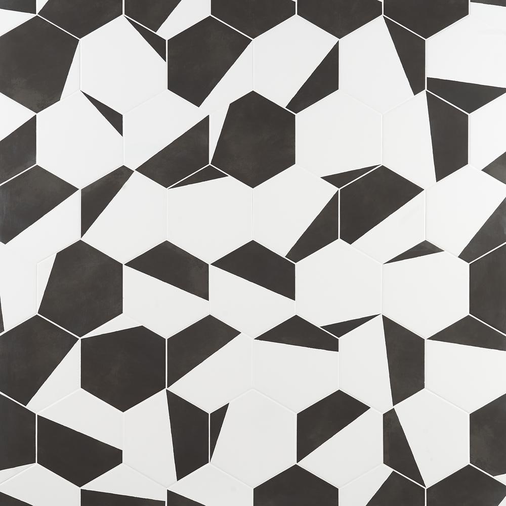 GeoHex Burst 8" Hexagon Matte Black and White Porcelain Tile