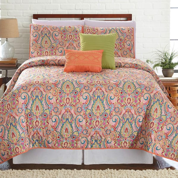 MODERN THREADS 5-Piece Multi-Colored Printed Reversible Casanova Queen Microfiber Quilt Set