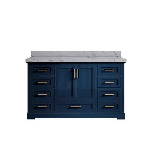 Willow Collections Boston 60 in. W x 22 in. D x 36 in. H Single Sink Bath Vanity in Navy Blue with 2 in. Venatino Quartz Top