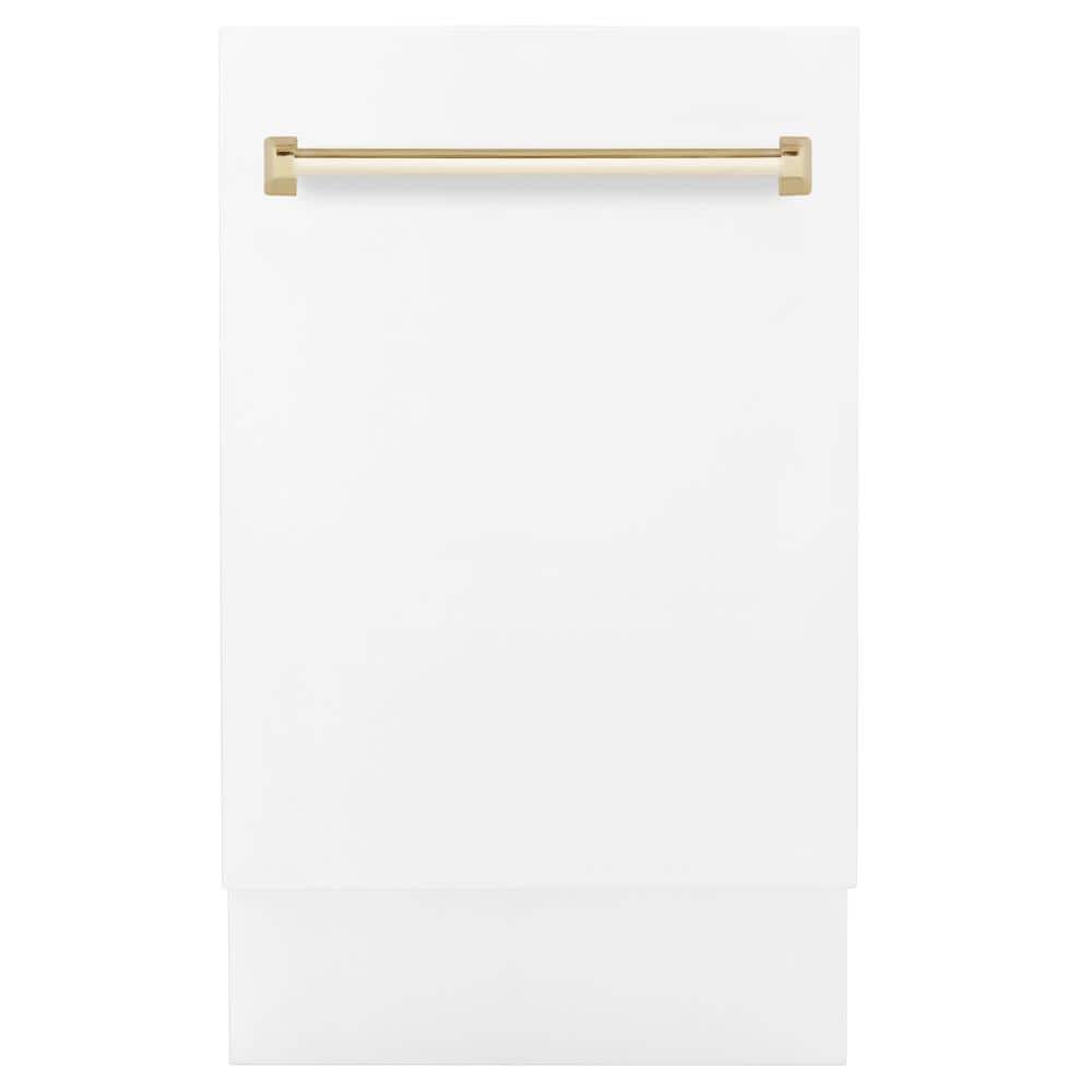 ZLINE Kitchen and Bath Autograph Edition 18 in. Top Control 8-Cycle Tall Tub Dishwasher with 3rd Rack in White Matte and Polished Gold, White Matte & Polished Gold