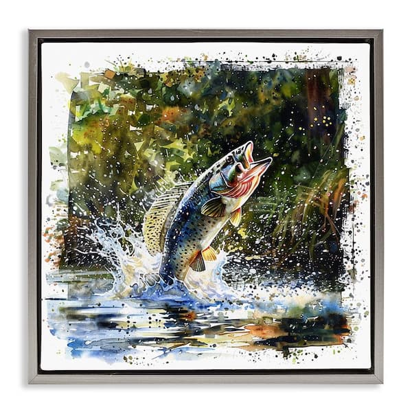 Stupell Industries Splashing Lake Bass by LSR Design Studio Gray Floater Frame Animal Graphic Art Print 25 in. x 25 in.