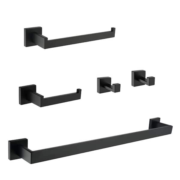 Bathroom Hardware 5-Piece Bath Hardware Set with Towel Bar, Robe Hook, Toilet Paper Holder in Black