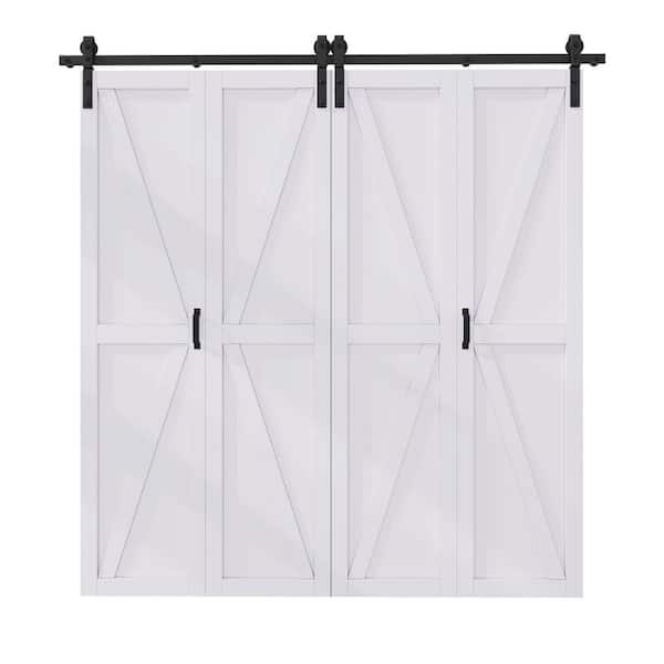80 in. x 84 in. Assembled Bi-Fold K Shape White Primed DIY Available Solid Core MDF Sliding Barn Door with Hardware Kit