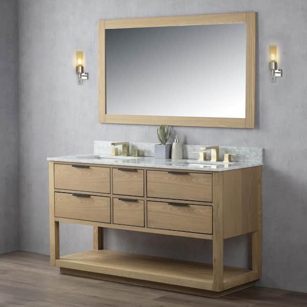 DESwan 60 in. W x 22 in. D x 34.3 in. H Double Sink Freestanding Bath Vanity in Weathered Tan with White Carrara Marble Top