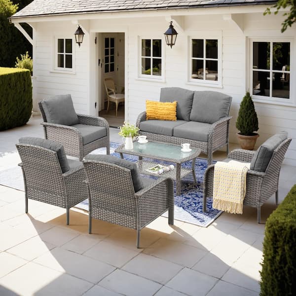 XIZZI Gladiola 6-Piece Wicker Patio Conversation Seating Sofa Set with Dark Gray Cushions