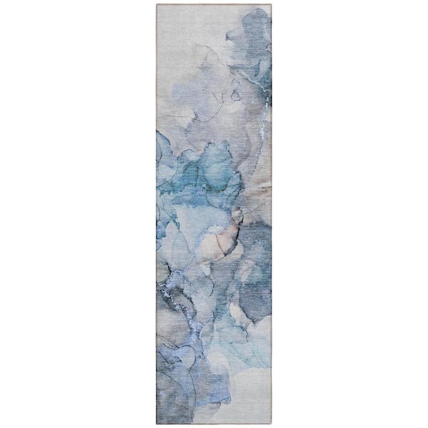 Blue and Gray 2 ft. x 8 ft. Woven Abstract Polyester Runner Indoor/Outdoor Area Rug