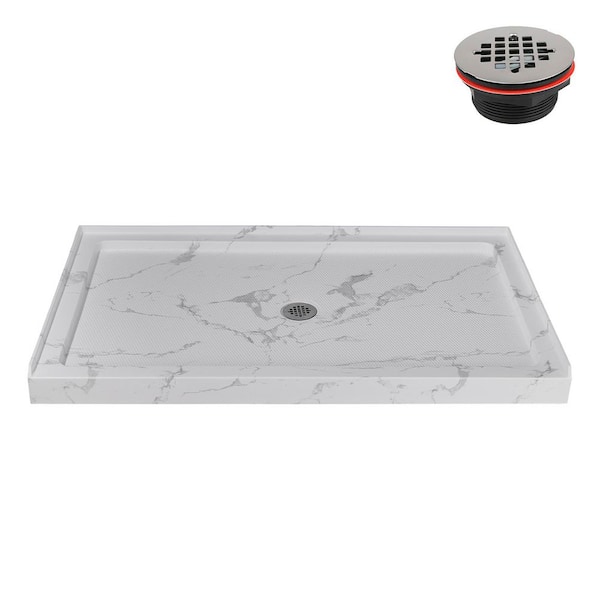 60 in. x 36 in. Alcove Acrylic Shower Pan Base in Matte Marble with Center Drain Included