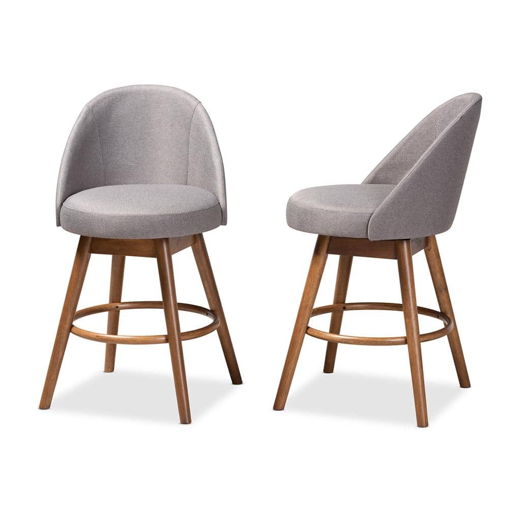 Gray Fabric Upholstered Walnut Wood Swivel Counter Stools, Set of 2