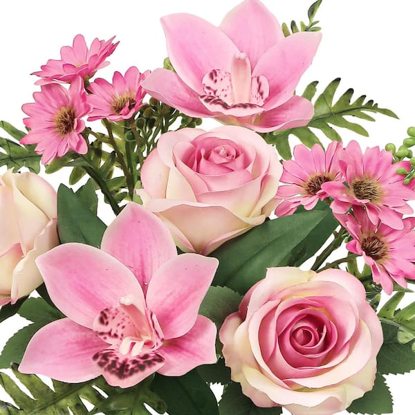 16 in. Pink Artificial Mixed Rose Cymbidium Orchid Daisy Flower Stem Bush Bouquet (Set of 2)