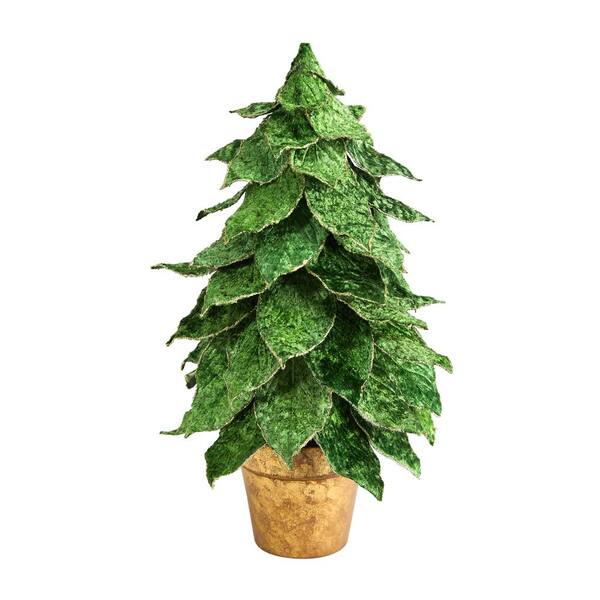 Nearly Natural 1.3 ft. Unlit Mini Velvet Artificial Christmas Tree in Golden Planter
