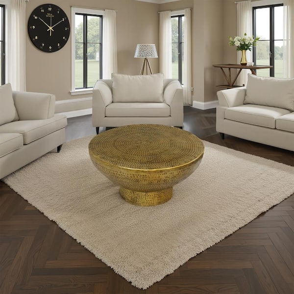 Orion 32 in. Hammered Antique Brass Metal Round Martini Glass Shape Coffee Table