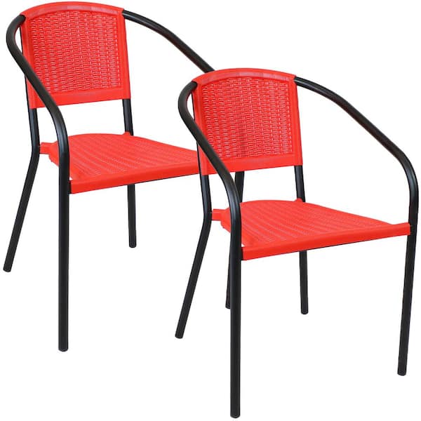 Sunnydaze Aderes Black Plastic Outdoor Arm Chair in Red Seat and Back (Set of 2)