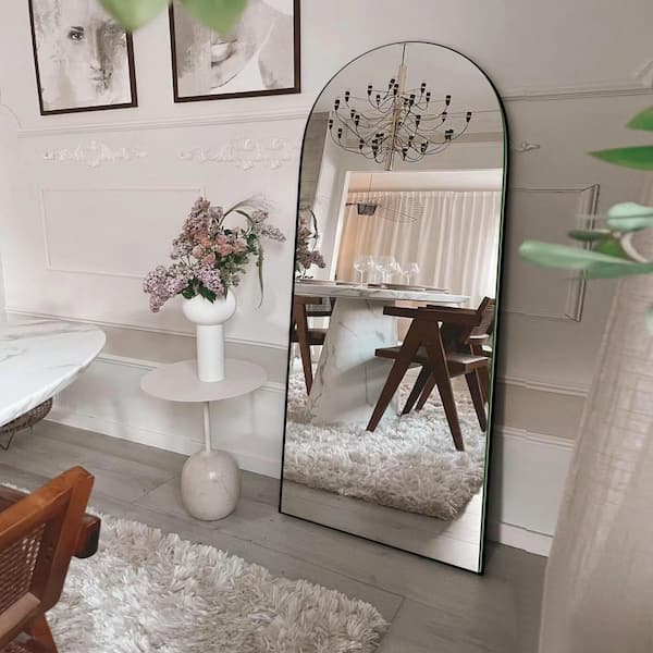 24 in. W x 71 in. H Classic Arched Wood Full Length Mirror Black Wall Mounted Standing Mirror Floor Mirror