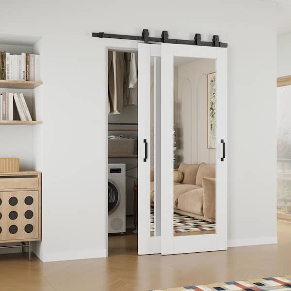 48 in. x 80 in. (Double 28 in.) 1-Lite Mirrored Glass White Primed MDF Sliding Barn Door with Hardware Kit Bypass