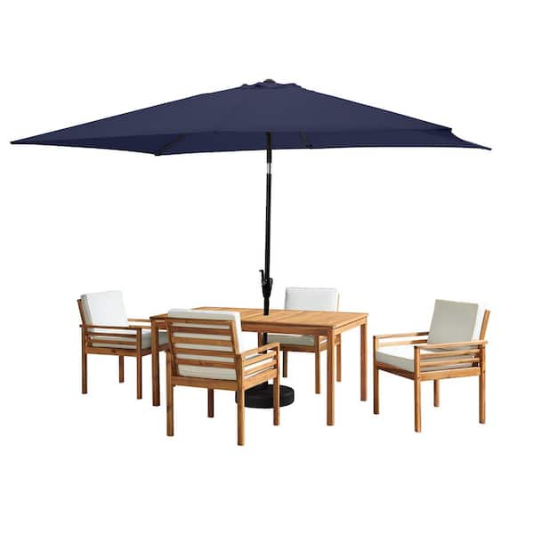 Alaterre Furniture 6 -Piece Set, Okemo Wood Outdoor Dining Table Set with 4 Cushioned Chairs, 10 ft. Rectangular Umbrella Navy
