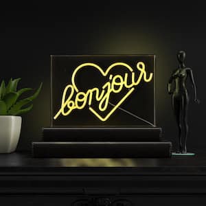 Bonjour Heart 15 in. x 10.3 in. Contemporary Glam Acrylic Box USB Operated LED Neon Night Light, Yellow