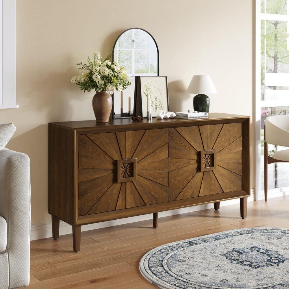 Antique Brown Wood Sideboard Buffet Cabinet with Symmetrical Sunburst Doors and Adjustable Shelves price history on PriceWatchPro