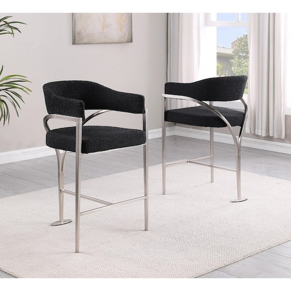 Nayla 37.5 in H. Black Low Back Metal Frame Counter Stool With Boucle Fabric Matte Brushed Chrome Base Set of 2