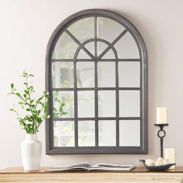 Unbranded Traditional Gray 34 in. W x 47 in. H Mango Wood Arched Windowpane Mirror Suitable for Living Room, Bathroom