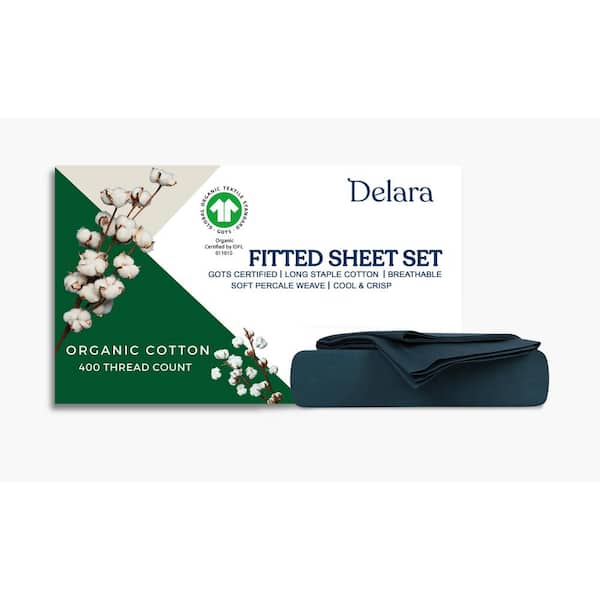 Delara 3-Piece Solid 100% Organic Cotton Percale Weave Breathable Super Soft Midnight Blue Cal King Fitted Sheet Sets