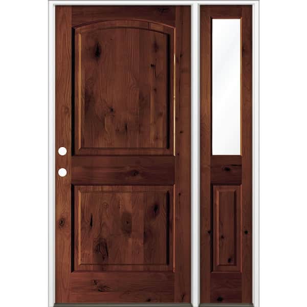 56 in. x 80 in. Knotty Alder 2 Panel Arch Right-Hand/Inswing Clear Glass Red Mahogany Stain Wood Prehung Front Door RHSL