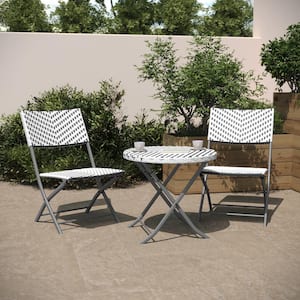 Rouen 3-Piece Steel Round Foldable Indoor/Outdoor Bistro Set Wicker Back, Seat, Top Gray/White w/ Charcoal Steel Frames