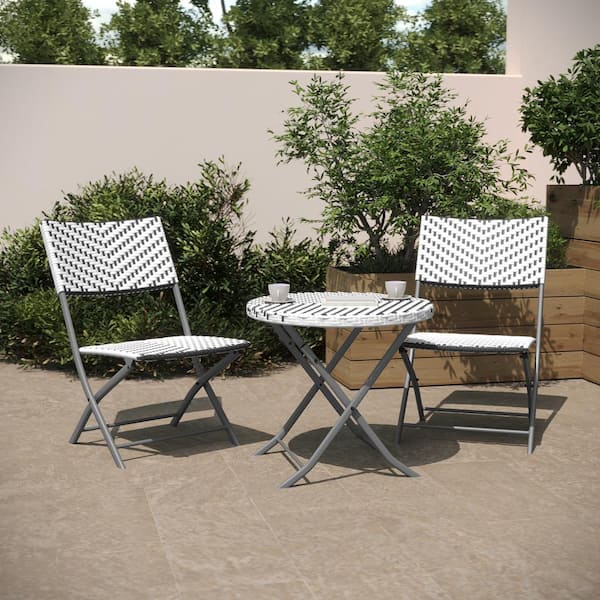 Carnegy Avenue Rouen 3-Piece Steel Round Foldable Indoor/Outdoor Bistro Set Wicker Back, Seat, Top Gray/White w/ Charcoal Steel Frames