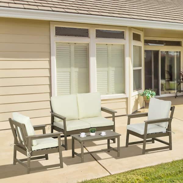Outsunny 4-Piece Plastic Patio Conversation Set with Cream White Cushion