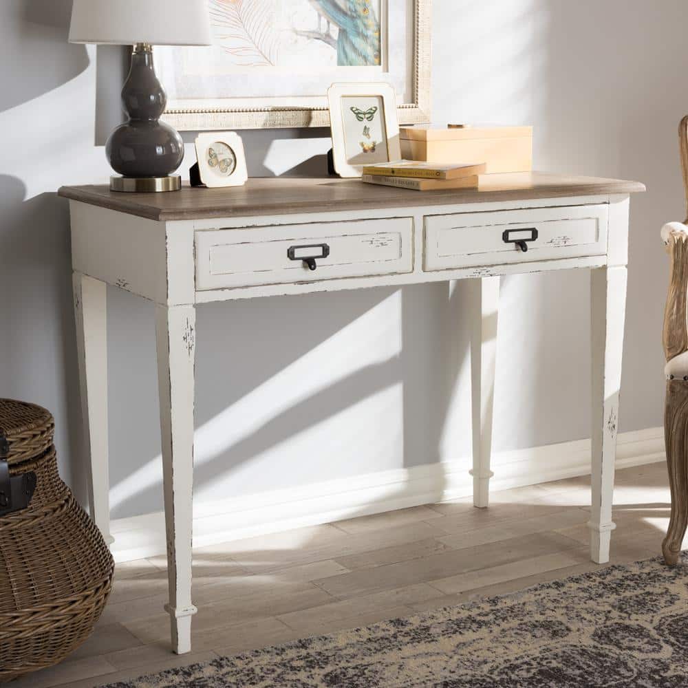 Dauphine White and Light Brown Wood Writing Desk
