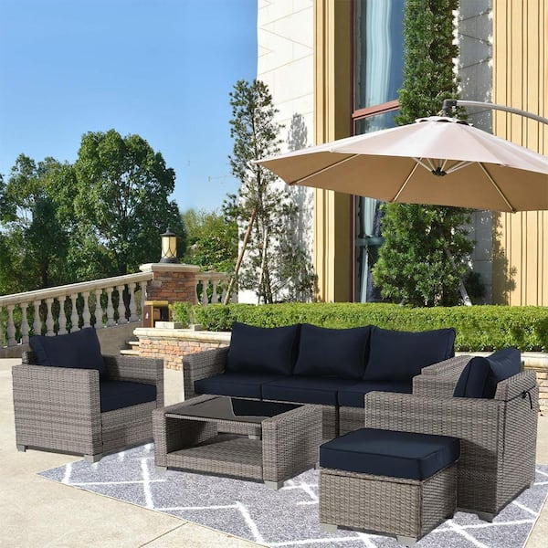 Runesay Outdoor Grey 7-Piece Wicker Patio Conversation Set with Blue Cushions
