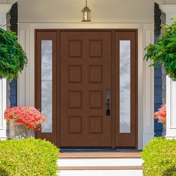 Regency 64 in. x 80 in. 8-Panel LHIS Chestnut Stain Mahogany Fiberglass Prehung Front Door w/Dbl 12in.Sidelites