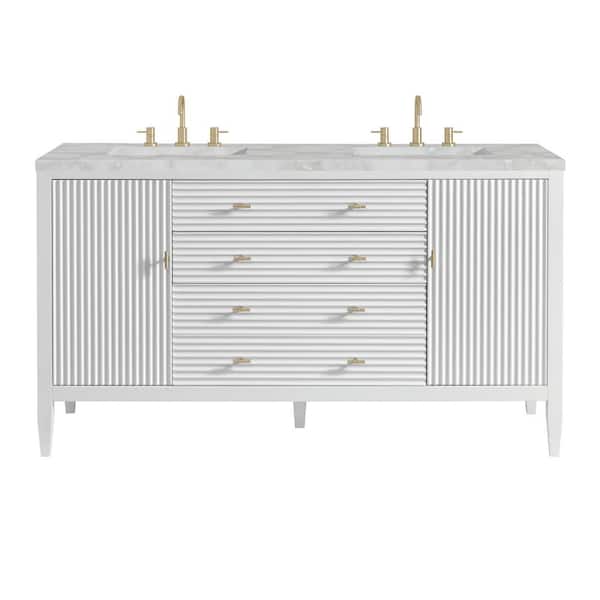 James Martin Vanities Myrrin 60.0 in. W x 23.5 in. D x 34.06 in. H Double Bath Vanity in Bright White with Victorian Silver Quartz Quartz Top