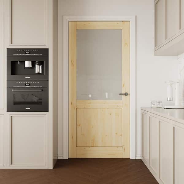 36 in. x 80 in. Unfinished Solid Core Pine Wood 1/2-Lite Tempered Frosted Glass Interior Door Slab