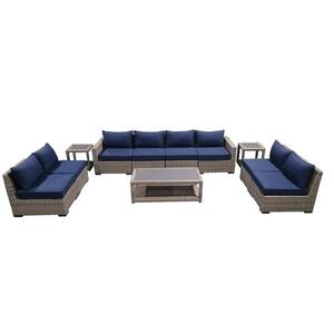11-Piece Wicker Rattan Outdoor Sectional Set with Blue Cushions and Coffee Table