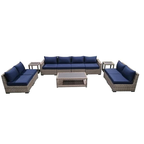 AndMakers 11-Piece Wicker Rattan Outdoor Sectional Set with Blue Cushions and Coffee Table