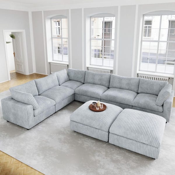 157 in. Square Arm Oversized Deep Seat Velvet 8-Piece L-Shaped with Storage Ottoman Sectional Sofa inGray