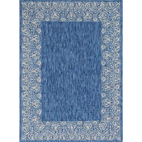 Outdoor Floral Border Azure Blue 8 ft. x 10 ft. Area Rug